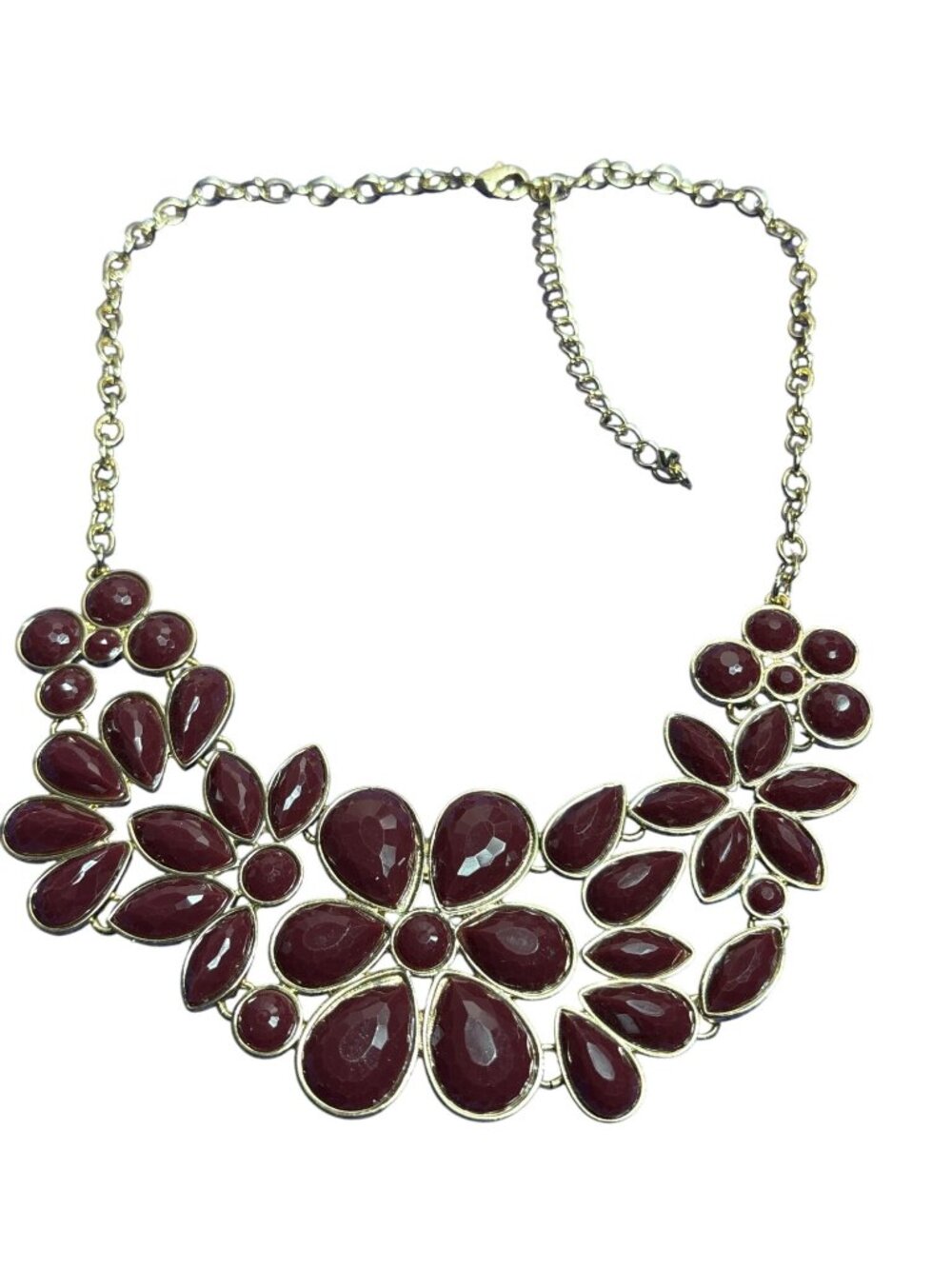 Burgundy Rhinestone Goldtone Statement Bib Necklace 16 - 19 inches Long